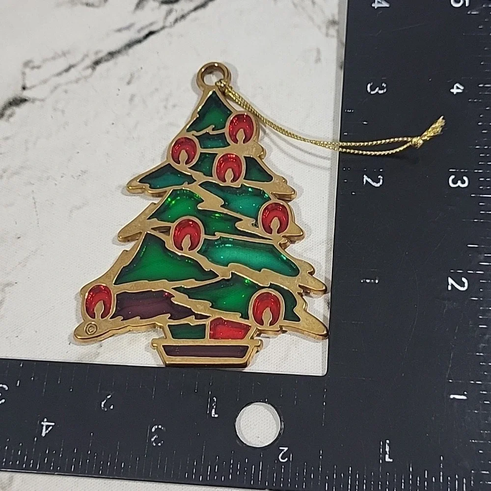 Stained Glass Christmas Tree Holiday Ornament Gold Tone Traditional